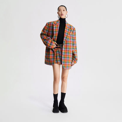 LEDIM W Orange checkered plaid tweed plaid jacket - Luisa