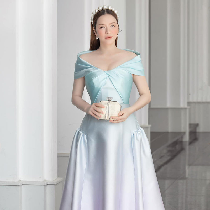 Early Spring 2023 new one-shoulder gradient V-neck waist dress- Salisa