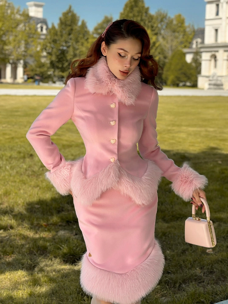 Le Palais Vintage Elegant long sleeve pink fur collar two piece banquet suit- Fave