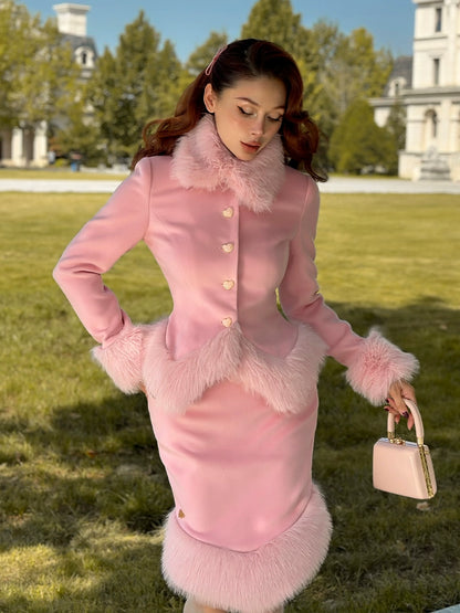 Le Palais Vintage Elegant long sleeve pink fur collar two piece banquet suit- Fave