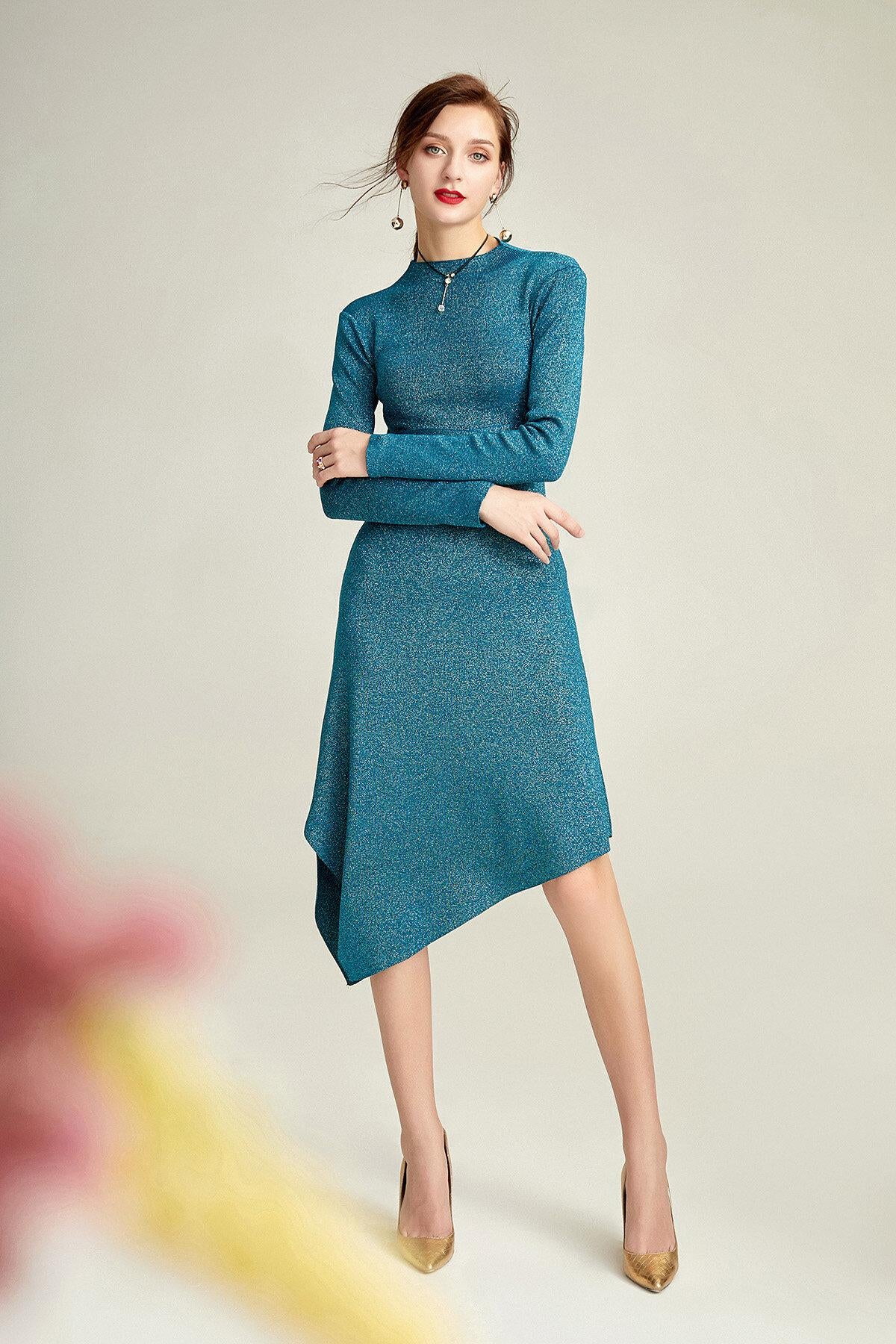 Spring and autumn starry silk soft knitted fish slant blue green dress - Neo