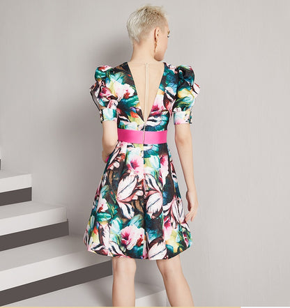 Elegant dress summer goddess fan clothes V-neck French floral skirt A-line skirt dress- Etas