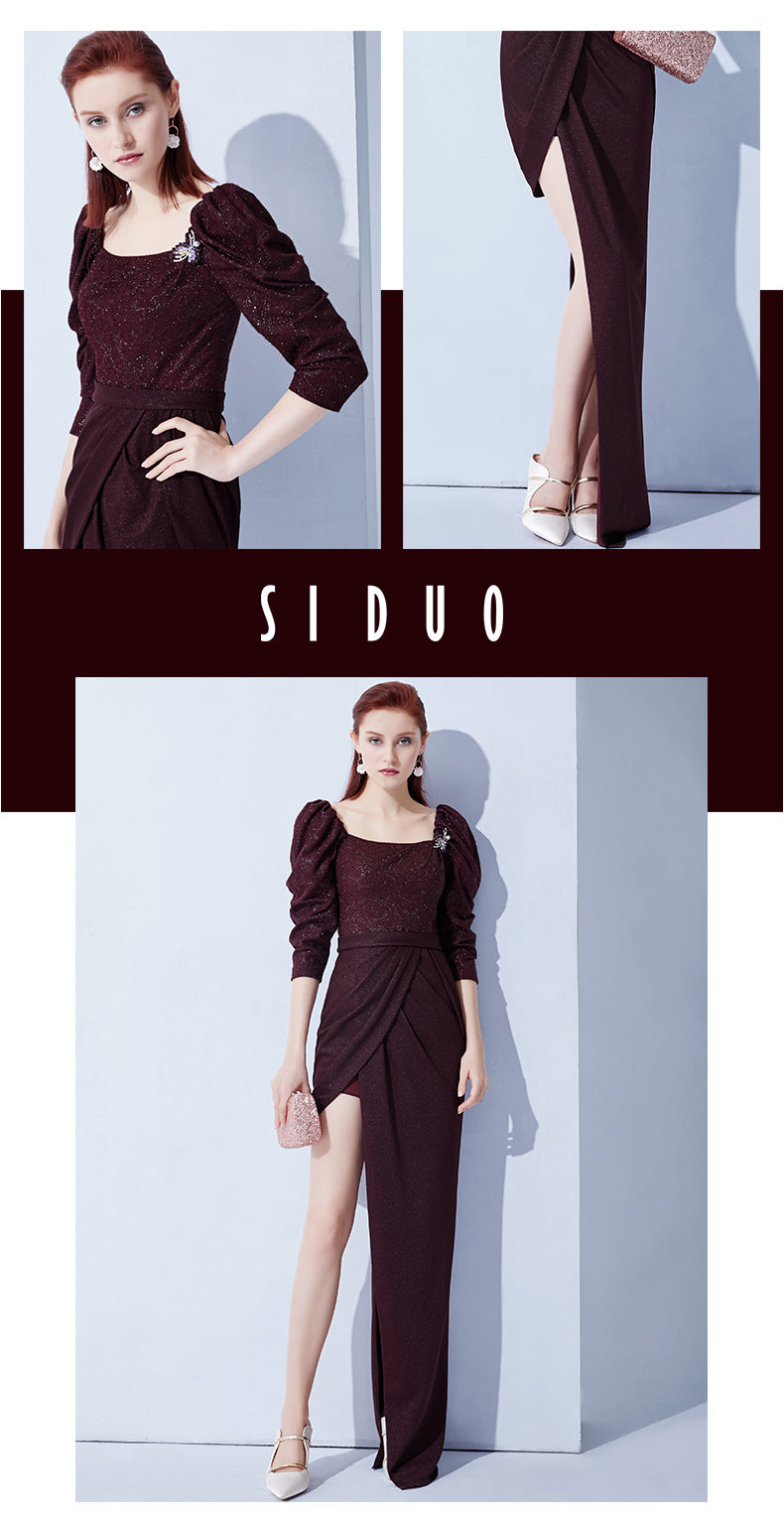 High end even-sleeve vintage wine red slit evening dress - Sedo