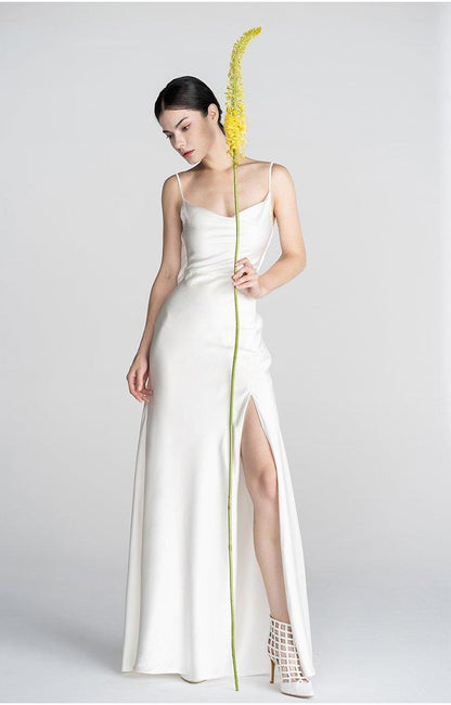 Minimalist classical French Elegant simple slip slit long wedding Bridal Dress - Bomi
