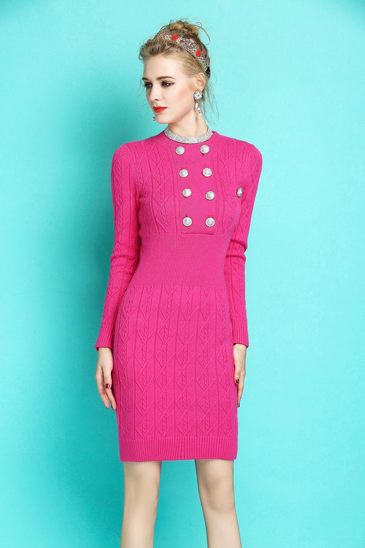 Timeless autumn and winter double breasted Pink sweater dress - Kiestn