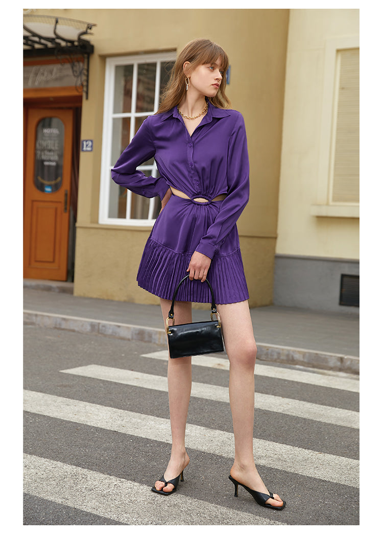 Polo collar satin long sleeve and short skirt dress- Clima