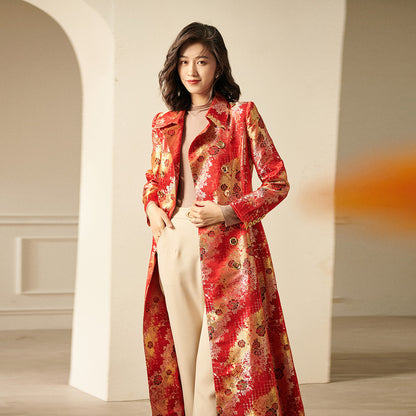 Autumn and winter luxury lapel double-breasted jacquard satin swing red yellow coat dress- Alia