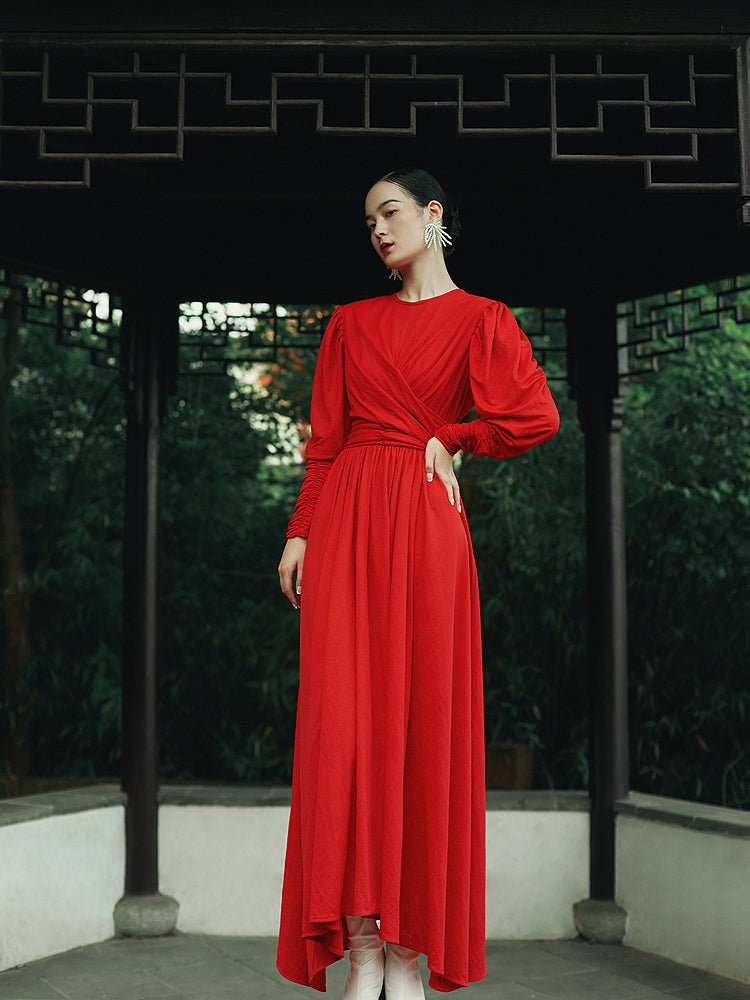 red pleated skirt dress Red Coast Satin Bodice Sleeve Pleat Skirt Belted Midi Wedding Guest Dress