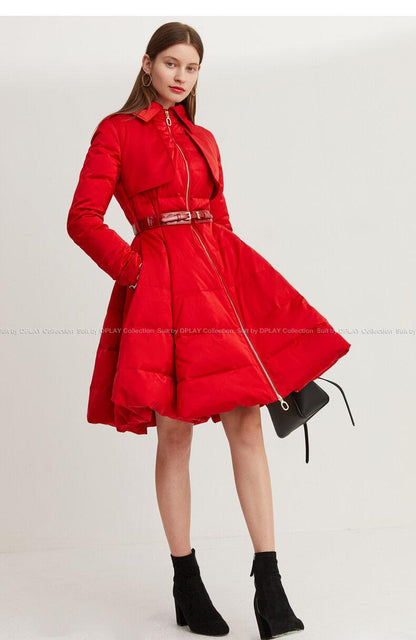 Long red Down coat winter red waist and big swing design pleated coat -Jara