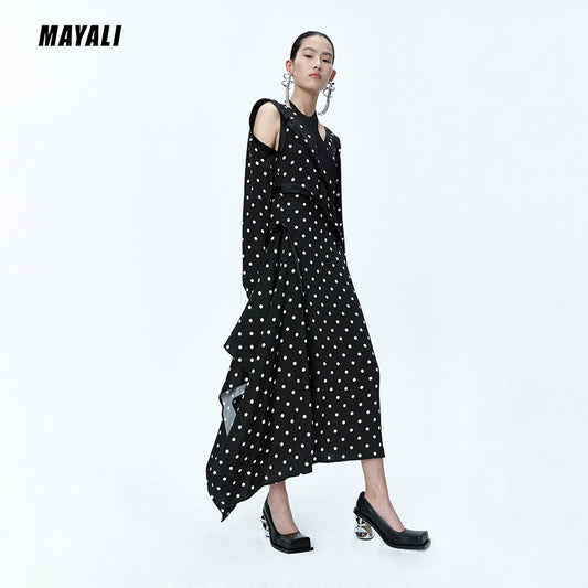 MAYALI Fall/Winter ribbon Asymmetric Off-the-Shoulder Long-sleeved Midi Polka-dot Dress - Daailo