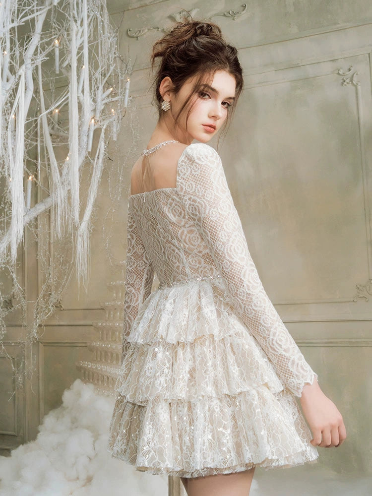 Wardrobes By Chen Elegant White Square Neck layered bridal Lace Cocktail Dress-Shell Wardrobes By Chen Elegant White Square Neck layered bridal Lace Cocktail Dress-Shell
