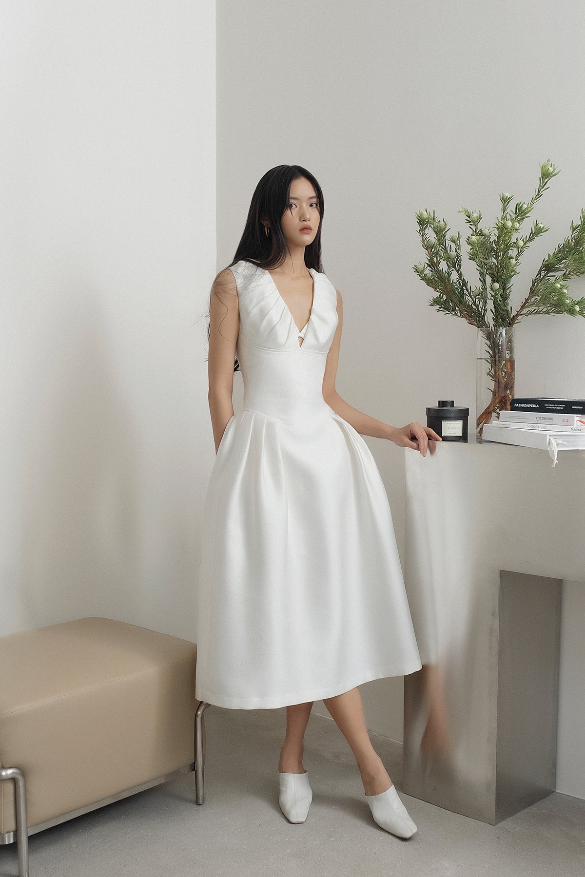 Designer brand sleeveless pleated waist low V-neck Aline Midi white wedding dress - Melody