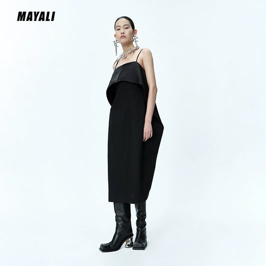 MAYALI Fall/Winter Simple Black Sleeveless Fold Long Slip Dress - Frsw