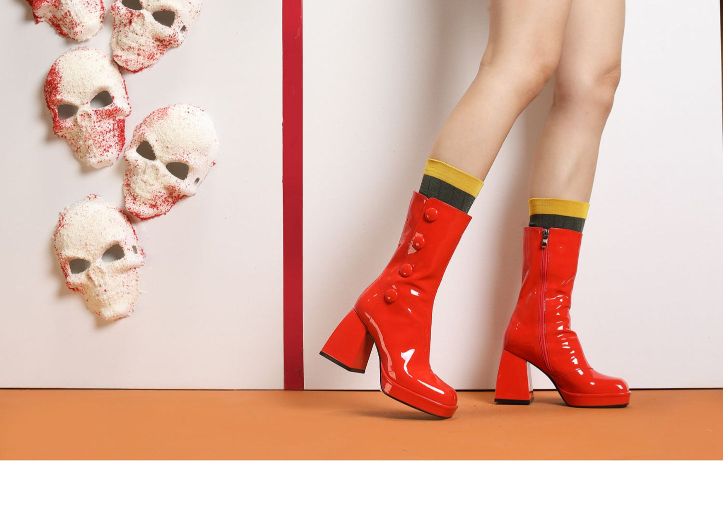 B-FEI thick heel platform square toe short patent leatherdesigner gogo red boots - Nuii