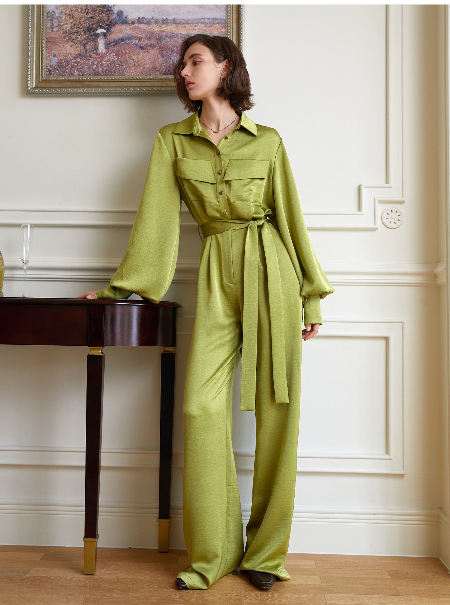Palace Green Waist Sleeve Belt High Waist Jumpsuit- Miga