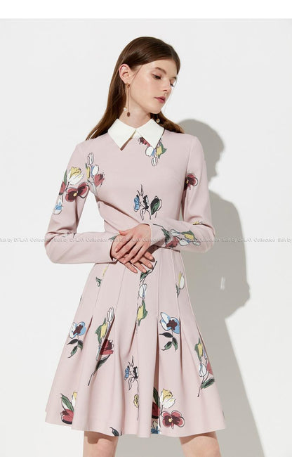 Dusty pink lapel collar waist long sleeve floral hand painted dress- Rabi