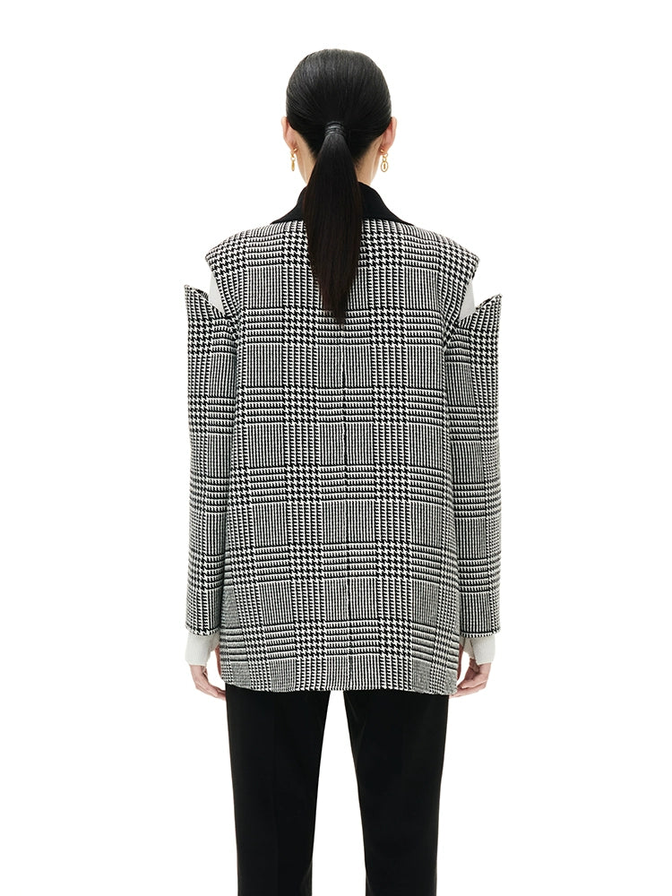 YES BY YESIR Elegant large lapel autumn winter French royal houndstooth off-the-shoulder cut out coat jacket - Cantii