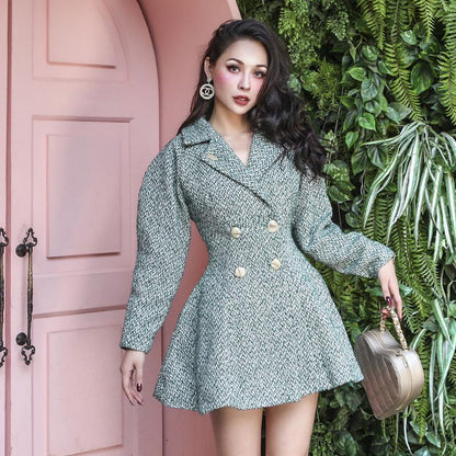 LE PALAIS VINTAGE retro ageing waist puff sleeve  wool Tweed green short double breasted coat dress
