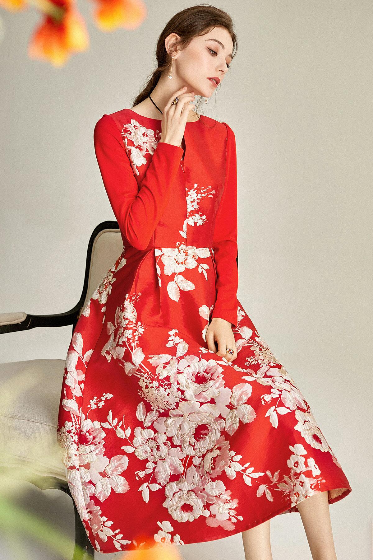 Spring retro 1950 red feminine jacquard long sleeve wedding guest audrey hepburn dress - Bailey S Spring retro 1950 red feminine jacquard long sleeve wedding guest audrey hepburn dress - Bailey S