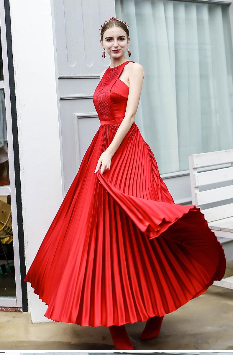 Piano Pleat Midi 1950's sleeveless elegant backless sexy pleated cocktail red midi dress- Florenci