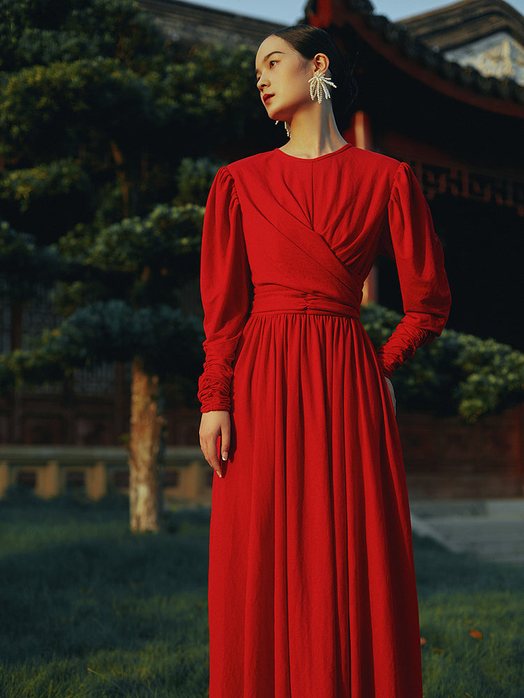 Red Pleated retro long-sleeved irregular skirt dress- Ctegoria