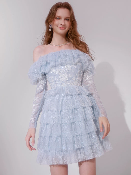 Wardrobes by Chen Blue off shoulder long sleeve Ruffle  layer lace  Dress-Vee