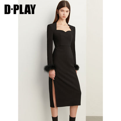 Fall Autumn French Feather Paneled Little Black Dinner Dress - Navail