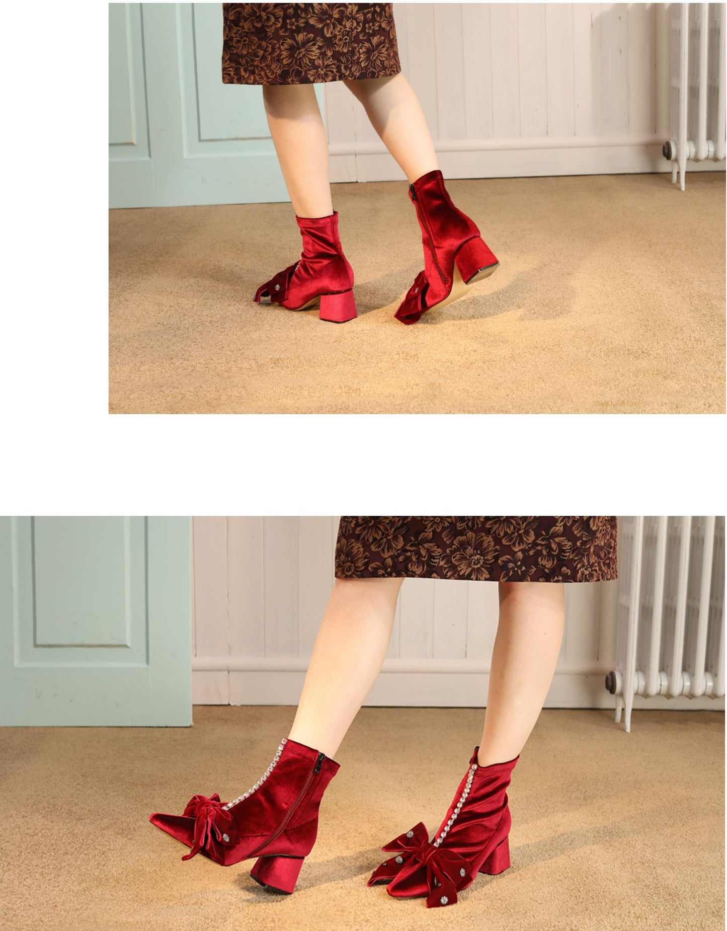 FEIFEI original design short boots elastic boots wine red bow ankle boots- Veronica
