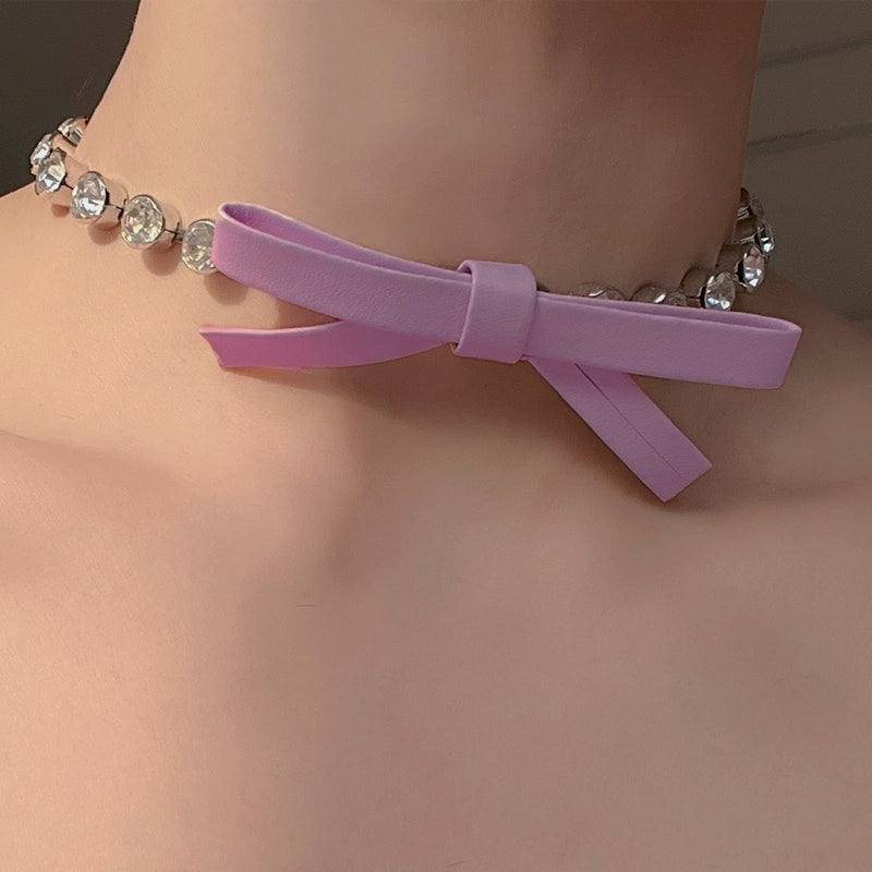 Le Palais Vintage Luxury Large Sparkling Diamond Bow Necklace Clavicle Chain-Moet.