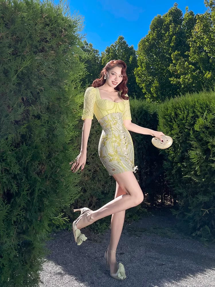 Le Palais Vintage Elegant Lemon Yellow Bodice Puff Sleeve Dinner Top-Maya.