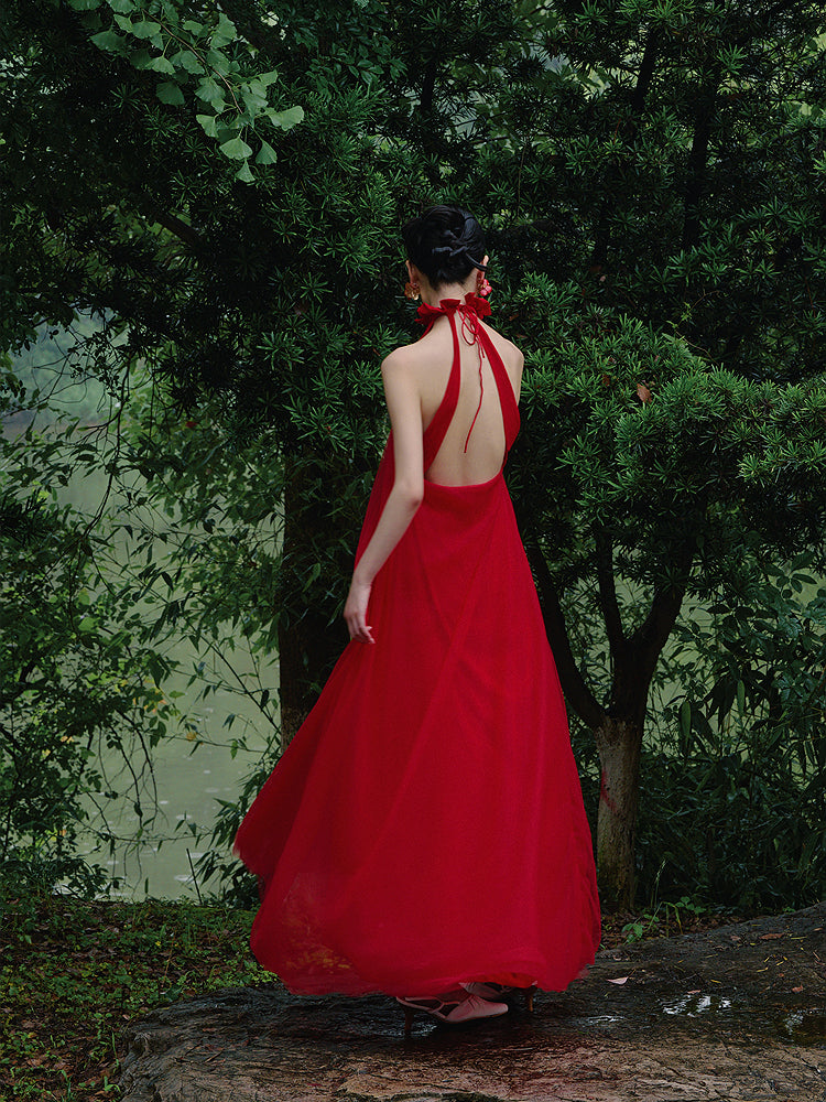 Gorgeous retro backless hanging neck dress- Hang M / Red