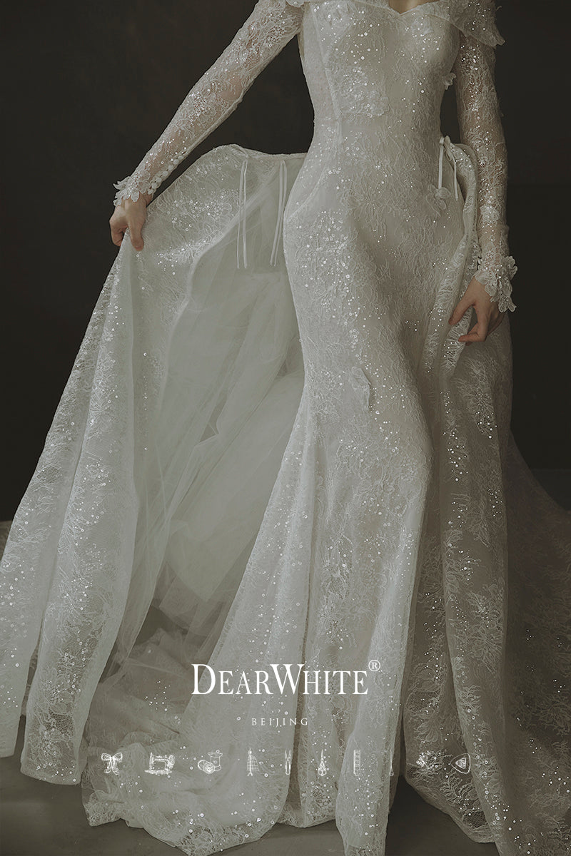 Early Spring 2023 original one-shoulder bride two-wear dress mermaid wedding dress- Twin mirror