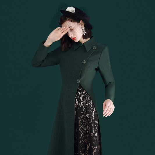 Dark Green Irregular Slit Windbreaker 2023 Spring New Design Coat Hepburn Style- Margi