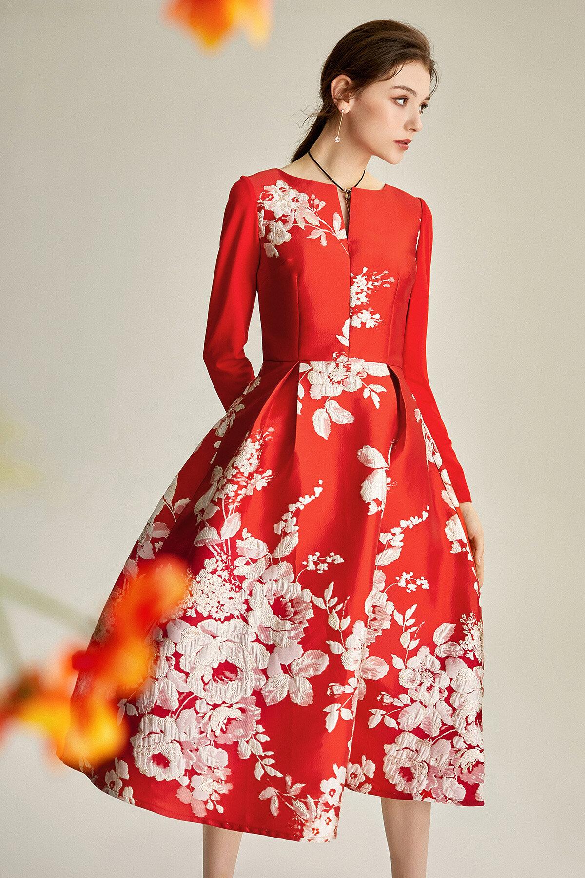 Spring retro 1950 red feminine jacquard long sleeve wedding guest audrey hepburn dress - Bailey S Spring retro 1950 red feminine jacquard long sleeve wedding guest audrey hepburn dress - Bailey S