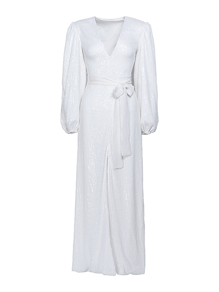 white sequin puff sleeve dress White Sequin Puff Sleeve Maxi Dress shopaleena