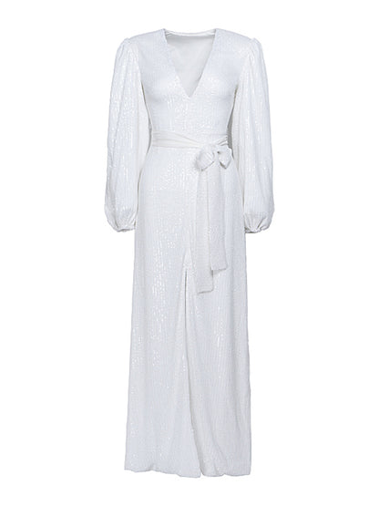 White sequin elegant deep v-neck and long sleeve puff sleeves slit dress- Steff