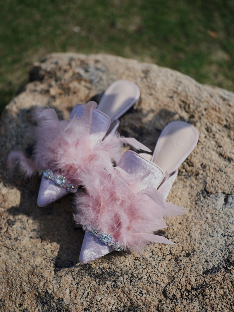 B-FEI regency  bridgerton inspired vintage pink romantic feather rhinestone French slipper mule - pirdr