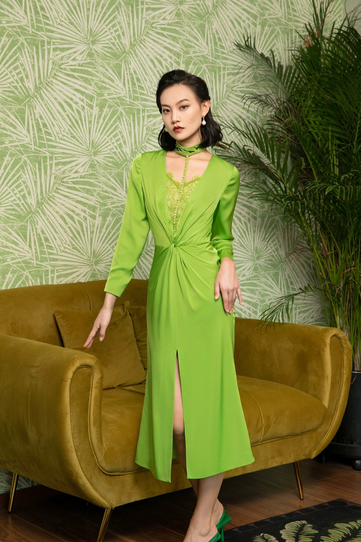 Avocado green embroidered suit beaded halter neck kinked panels lace dress set- Iona