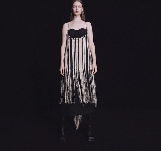 MAYALI tassle midi lenght contrast paneling woven tassel summer holiday dress -Deube