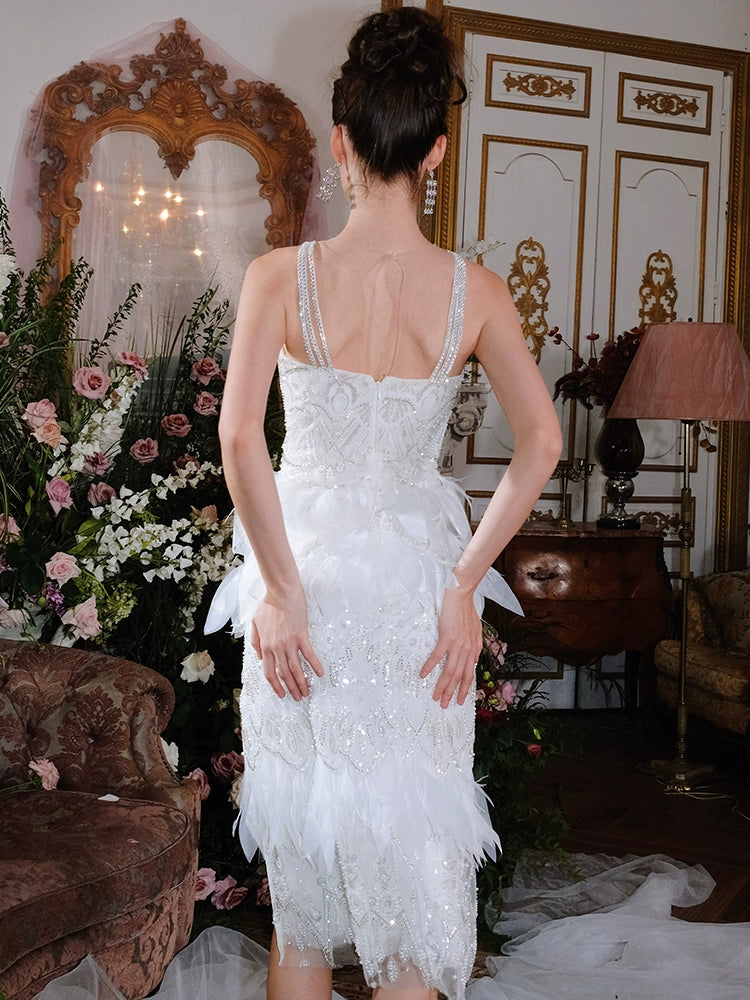 Wardrobes by Chen Luxury Whitebridal  Feather Slit Dinner Dress-Ammy