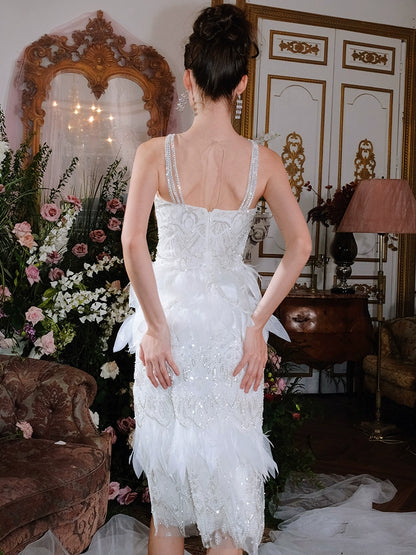 Wardrobes by Chen Luxury Whitebridal  Feather Slit Dinner Dress-Ammy