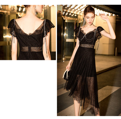 Black evening skirt high-quality texture with a lace see-through dress- Cora