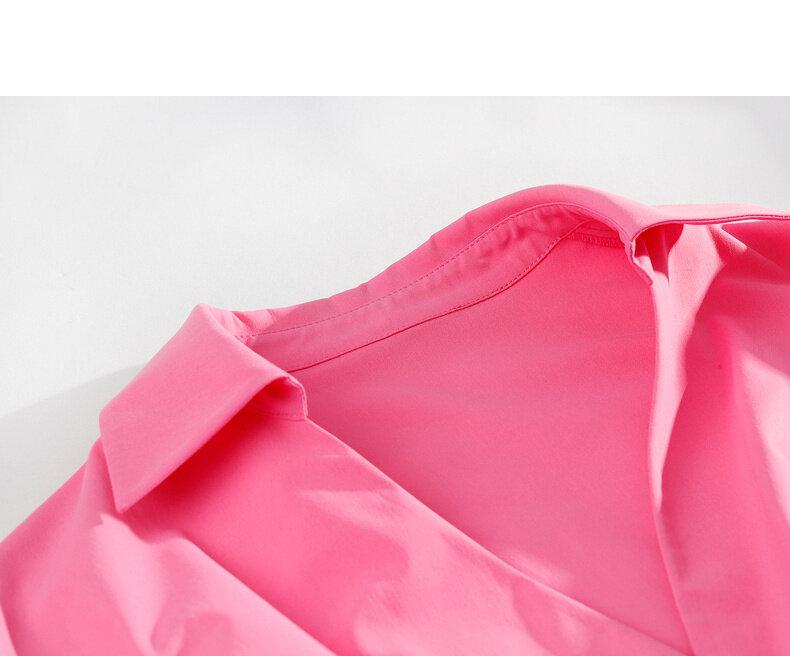 Rose pink ruffled V-neck elastic waist alloy buckle dress - Imma