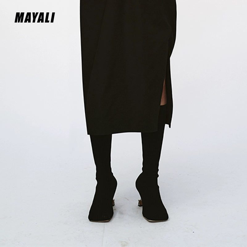 MAYALI square-toe black high-heeled elastic high boots - lioe