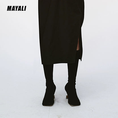 MAYALI square-toe black high-heeled elastic high boots - lioe