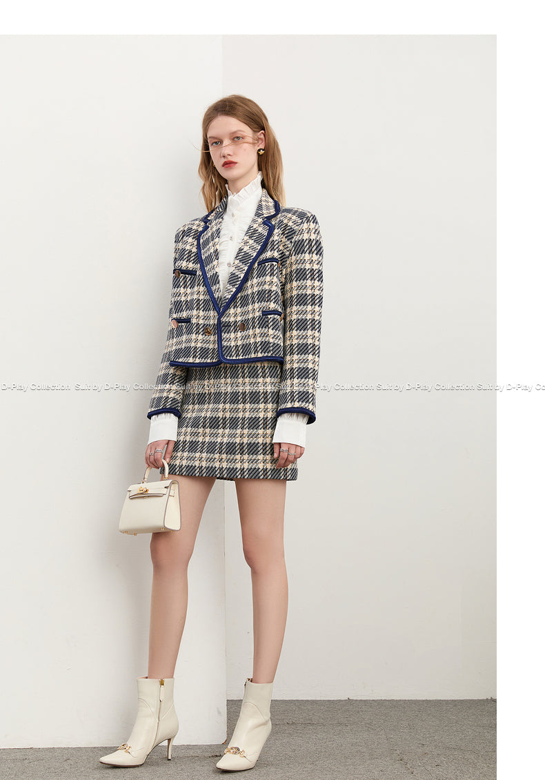 DPLAY2022 autumn new style edging contrast color ribbon small British plaid short jacket skirt suit set- Kia