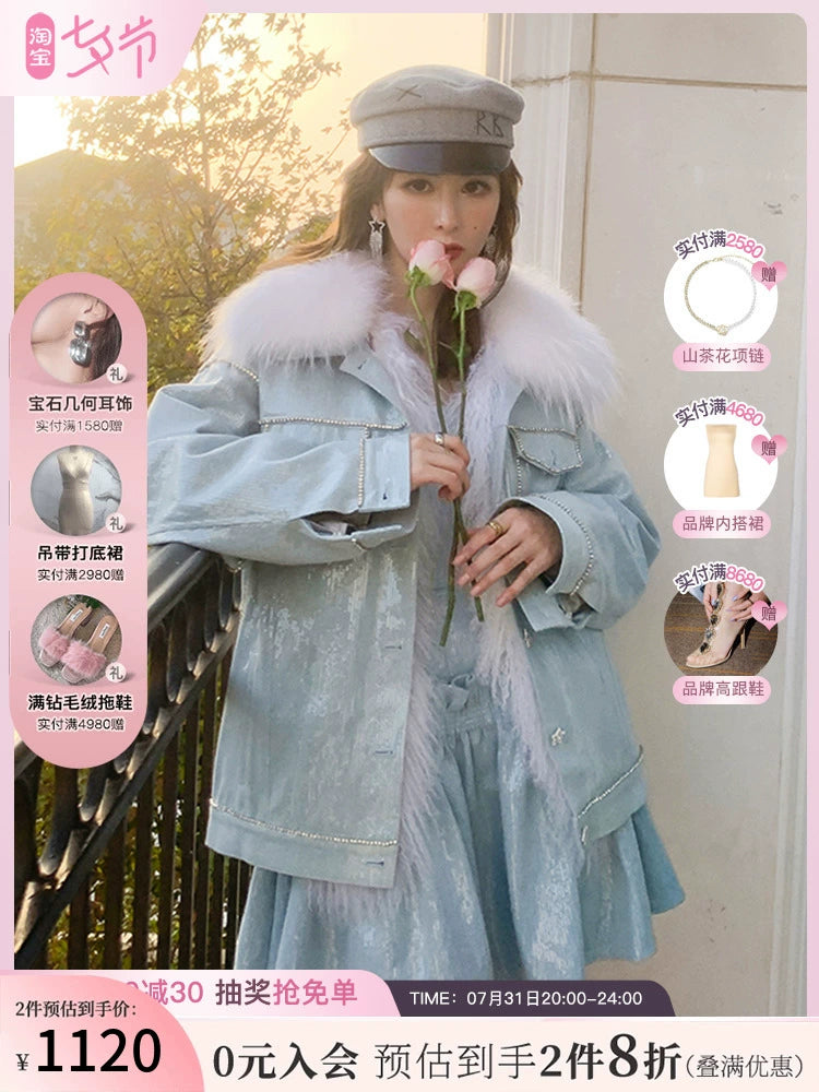 Wardrobes By Chen Luxury Blue Long Sleeve Straight Fur Jacket/Tube Dress-Dee