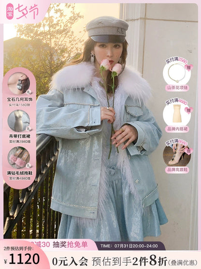 Wardrobes By Chen Luxury Blue Long Sleeve Straight Fur Jacket/Tube Dress-Dee