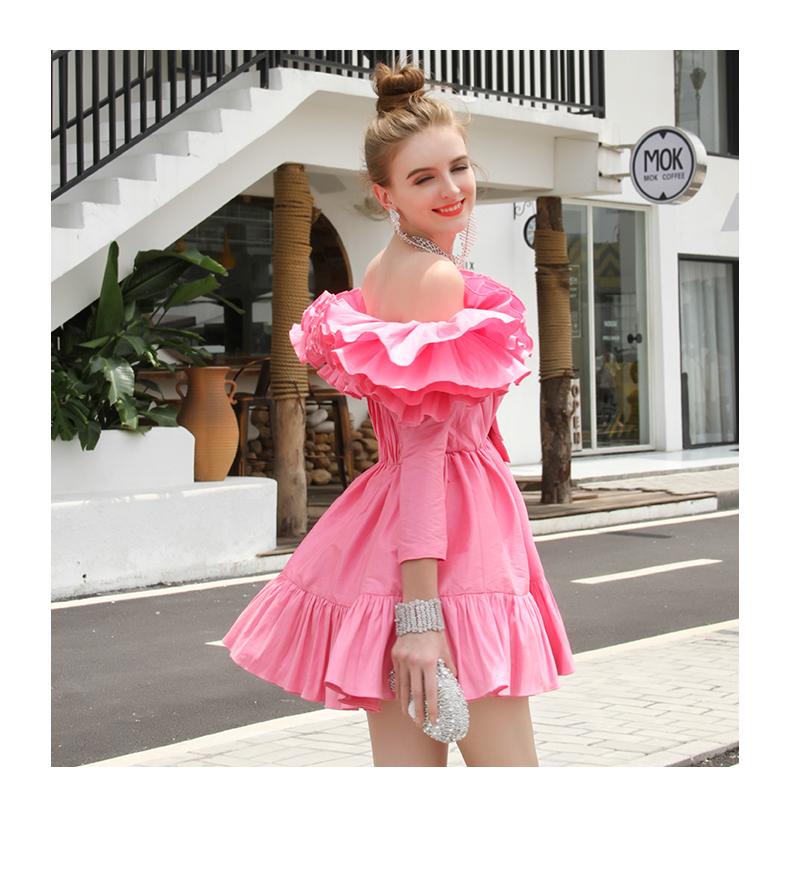 Ruffled Layered off Shoulder Princess Dress Dinner Party cocktail pink dress - Tevi