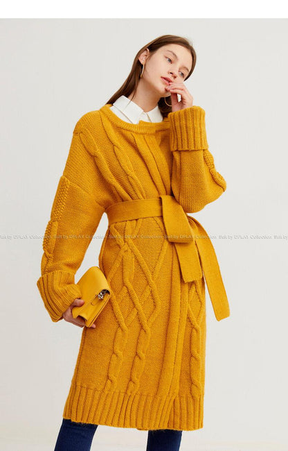 Autumn and winter yellow long loose knitted dress long-sleeved twist-knit cardigan - Inne